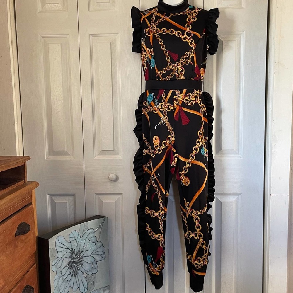 K TOO Jumpsuit Black and Gold Multi-print Size M